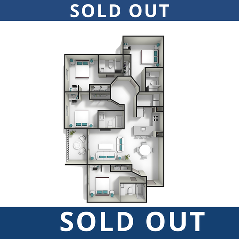 Modern 3D floor plan showcasing spacious layout with multiple bedrooms, stylish living area, and a contemporary kitchen, now sold out.