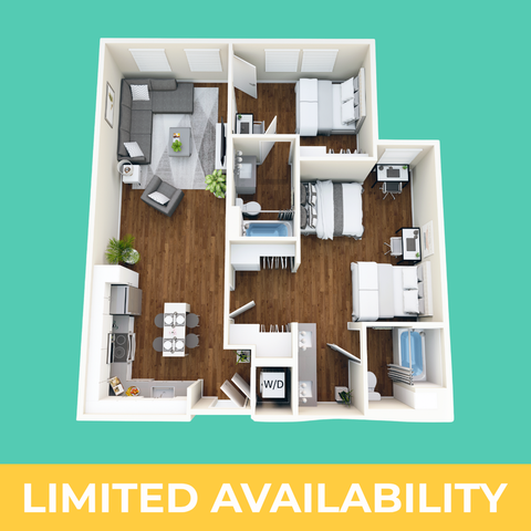 Modern 3D floor plan showcasing 3 bedrooms, stylish living area, and cozy kitchen, highlighting limited availability.