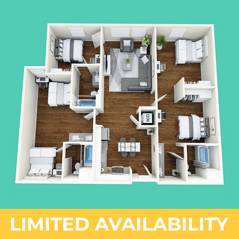 Modern 3D floor plan highlighting 3 elegant bedrooms, spacious living room, and sleek kitchen design. Limited Availability.