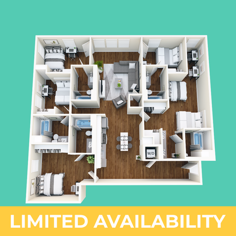 Contemporary 3D floor plan showcasing 3 bedrooms, open living area, modern kitchen, and cozy layout, highlighting limited availability.