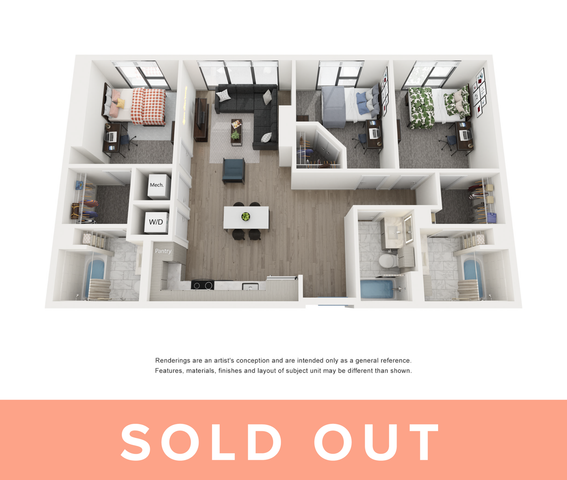 Contemporary 3D floor plan with three spacious bedrooms, modern open-concept kitchen, inviting living area, and convenient laundry room, designed for stylish urban living. SOLD OUT.