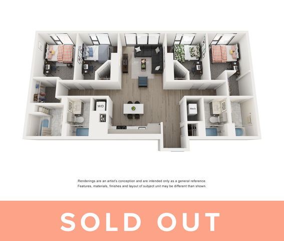 Contemporary 3D floor plan showcasing 3 bedrooms, a sleek kitchen, open-plan living space, and modern bathrooms, perfect for stylish living.