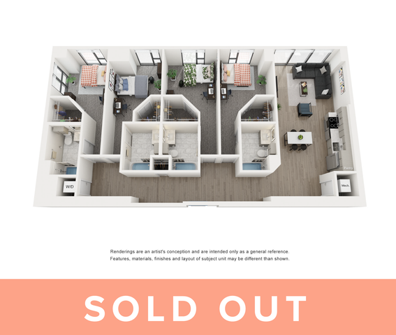 Modern 3D floor plan featuring a spacious three-bedroom apartment with an open-concept living area and a sleek kitchen layout. Ideal for stylish urban living, this layout includes two bathrooms and a convenient laundry area.