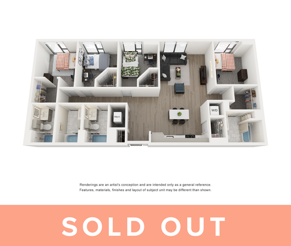 Modern 3D floor plan showcasing three bedrooms, a stylish open-concept living and dining area, and two bathrooms with contemporary finishes.