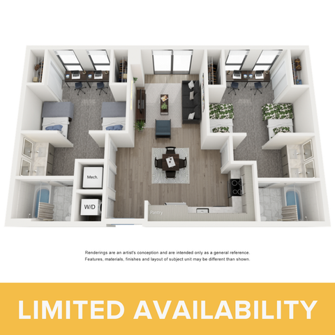 Modern 3D floor plan showcasing a two-bedroom apartment with a stylish open-plan living area, dedicated workspace, and elegant kitchen. Experience luxury living with limited availability.