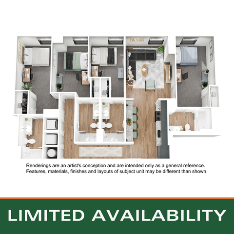 Contemporary 3D apartment floor plan showcasing 3 spacious bedrooms, an elegant open-concept living room, and a modern kitchen with island seating. Includes dual bathroom layout and cozy workspaces. Limited availability.