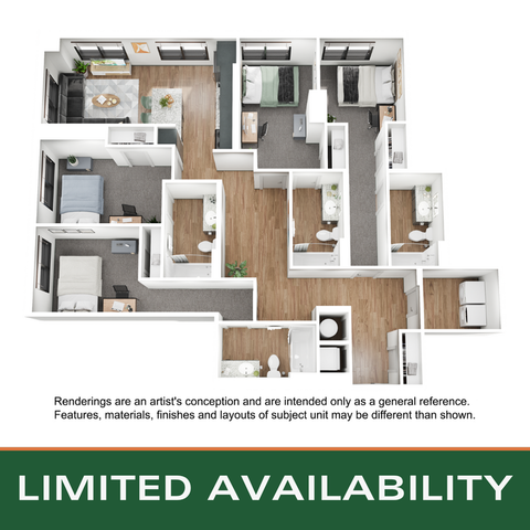 Elegant 3D floor plan showcasing 3 spacious bedrooms, a modern open living area, and a cozy kitchen. Ideal blend of comfort and style.