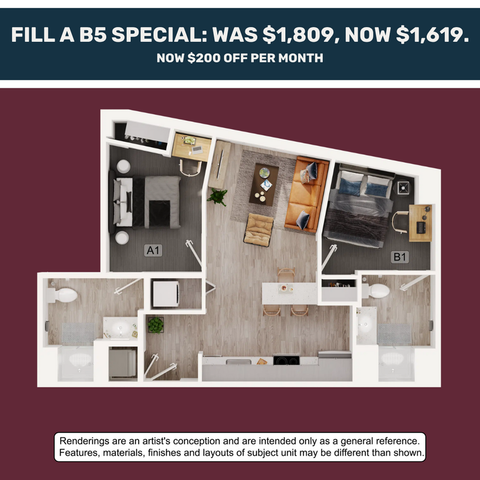 Chic 2-bedroom apartment floor plan featuring cozy living area, modern kitchen, and ensuite bathrooms with $200 discount offer.