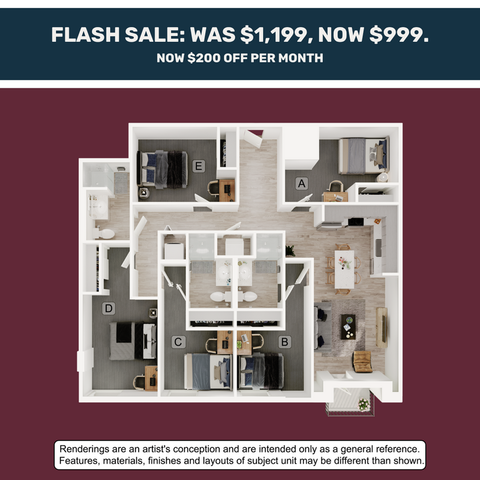 Modern floor plan showcasing a spacious layout with five bedrooms, stylish living area, and open-concept kitchen, offering a comfortable and contemporary living space.