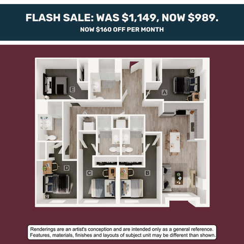 Modern 3D apartment floor plan featuring 5 bedrooms, a cozy living space, and a stylish kitchen. Flash sale price reduction from $1,149 to $989, saving $160 per month.