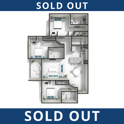 Contemporary 3D floor plan showcasing 3 bedrooms, spacious living room, modern kitchen, and elegant dining area, marked as Sold Out.