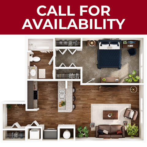Modern 1-bedroom apartment floor plan featuring an open-concept living area, elegant kitchen with island, and spacious bathroom. Call for availability.