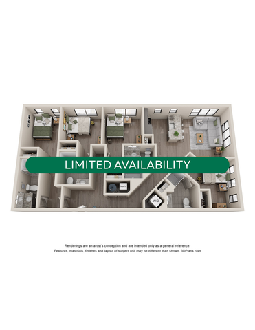 Modern 3D floor plan showcasing 3 bedrooms, open living area, and gourmet kitchen, highlighting limited availability.