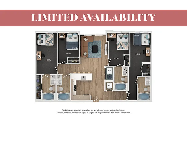Modern 3D floor plan displaying 4 bedrooms, spacious living room, chic kitchen, and two luxurious bathrooms with washer/dryer area, marked as limited availability.