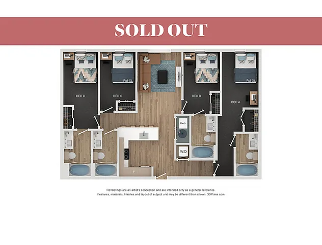 Modern floor plan of a spacious apartment featuring four bedrooms, two bathrooms, and an open living area. Includes a sleek kitchen with a central island and in-unit washer and dryer. Stylish design with ample room for comfortable living.