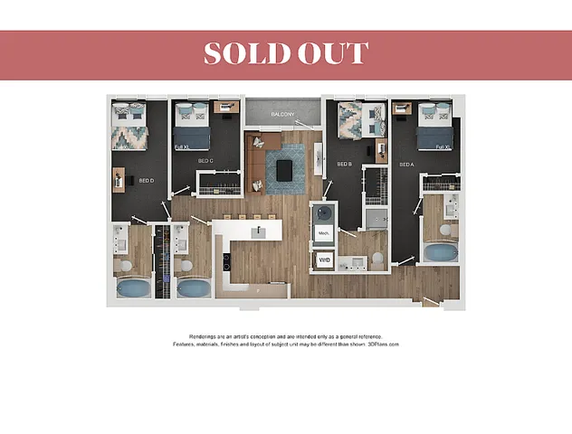Modern floor plan featuring 4 bedrooms, 2 bathrooms, a sleek kitchen, and a cozy living space with a balcony, perfect for stylish urban living.