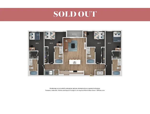 Spacious floor plan featuring four bedrooms, modern bathrooms, and an inviting open-concept living area with a balcony. Ideal for personalized comfort and style.
