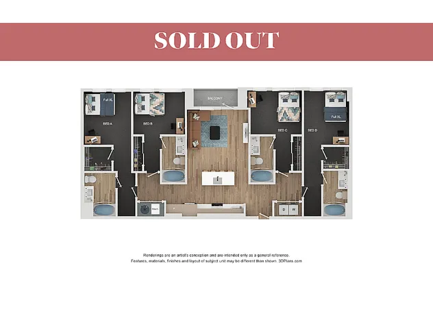 Modern floor plan showcasing a spacious 4-bedroom layout with a central living area, two elegant bathrooms, and a balcony for outdoor relaxation.