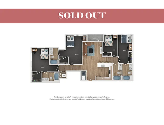 Sophisticated 3D floor plan with four spacious bedrooms, modern kitchen, and elegant living spaces, ideal for stylish living.