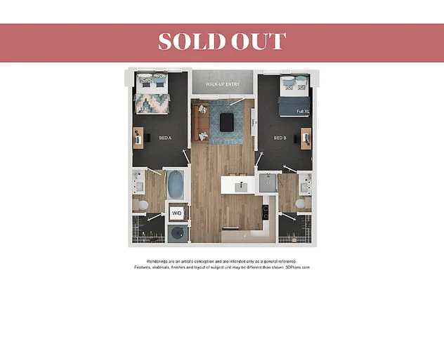 Modern floor plan showcasing a stylish 2-bedroom apartment with cozy living area, sleek kitchen, and convenient walk-up entry.