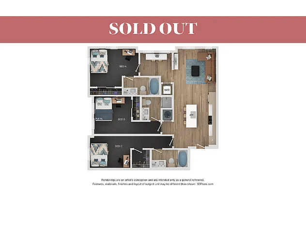 Modern 3D floor plan showcasing three elegant bedrooms, a stylish open-plan kitchen, and a cozy living area, designed for comfort and elegance.