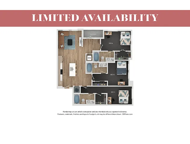 Modern 3D floor plan showcasing 3 bedrooms, open-concept living and kitchen area, and two bathrooms, featuring a cozy balcony and in-unit laundry.