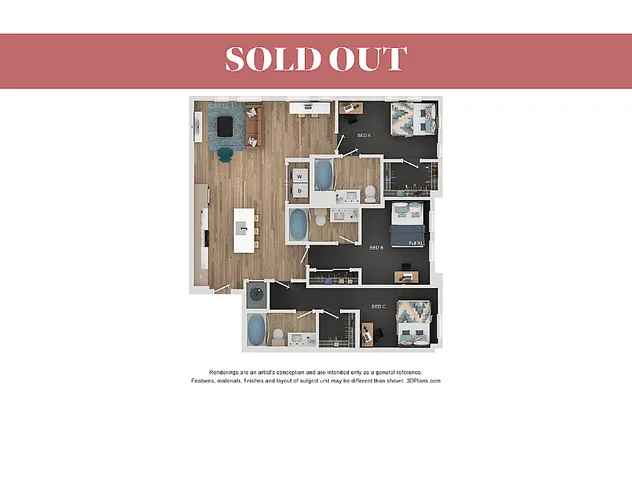 Sophisticated 3D floor plan showcasing a stylish apartment with three bedrooms, two bathrooms, an expansive living area, and a modern kitchen.