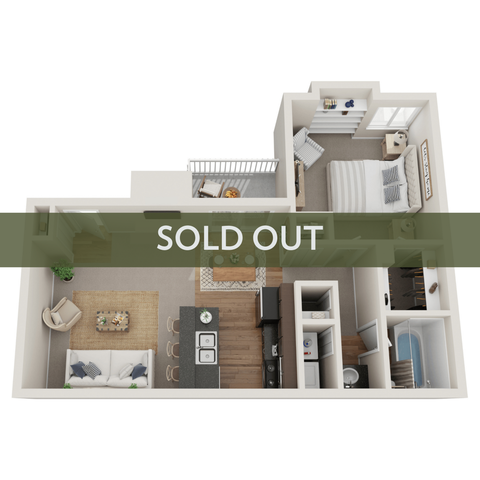 Modern apartment layout featuring a cozy bedroom, sleek kitchen, and inviting living space, now sold out.