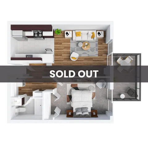 Modern 1-bedroom apartment floor plan with open living area, sleek kitchen, and cozy balcony. Perfect for comfortable urban living.
