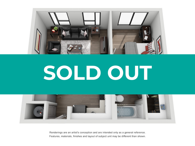 Modern apartment floor plan with a cozy living room and bedroom, stylishly designed and efficiently laid out. SOLD OUT overlay.
