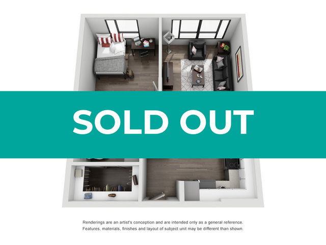 Chic 3D apartment rendering featuring a cozy bedroom, spacious living area, and modern kitchen. Sold out status highlights its popularity.
