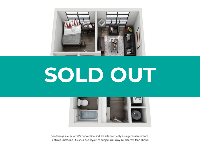 Chic 3D apartment layout with modern furnishings, capturing a cozy living area, inviting bedroom, and elegant bathroom, now sold out.