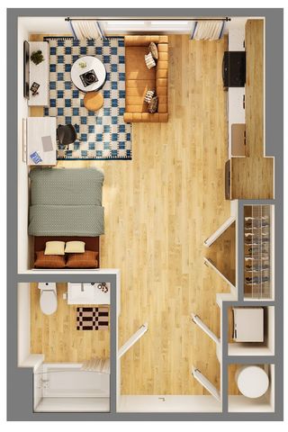 Chic studio apartment floor plan with cozy sleeping area, stylish living room, modern kitchen, and compact bathroom.