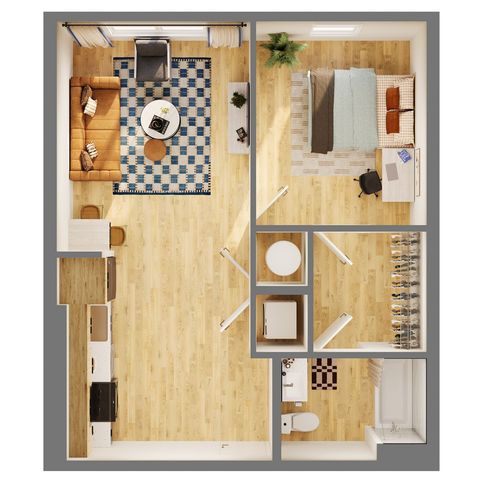 Elegant apartment floor plan showcasing open-concept living space with a stylish kitchen, cozy bedroom, and modern bathroom.
