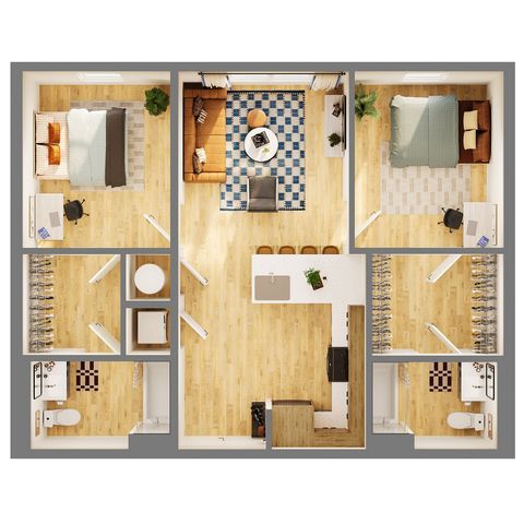 Charming 3D floor plan featuring two cozy bedrooms, a modern open-concept living area, sleek kitchen with breakfast bar, and stylish bathrooms.