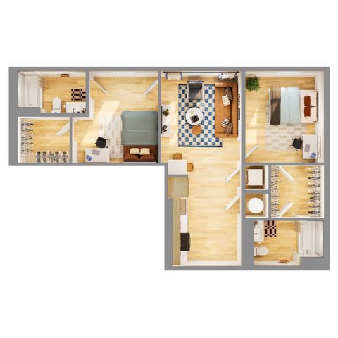Modern 3D floor plan showcasing two cozy bedrooms, a stylish living room with chic decor, a contemporary kitchen, and two elegant bathrooms, perfect for luxurious urban living.