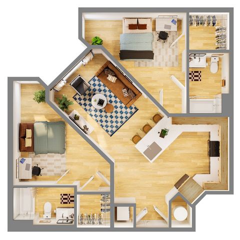 Chic apartment floor plan with two cozy bedrooms, a contemporary living area, stylish kitchen, and elegant wood flooring, perfect for urban living.