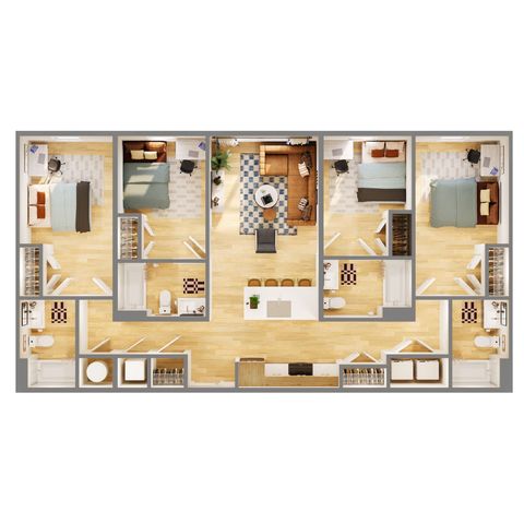 Contemporary 3-bedroom apartment floor plan featuring an open living area, stylish kitchen with island seating, and two elegant bathrooms.