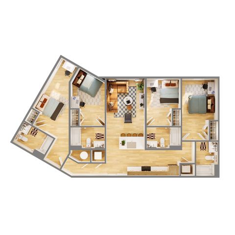 Elegant 3-bedroom floor plan featuring an open-concept living area, modern kitchen with island, and two luxurious bathrooms.