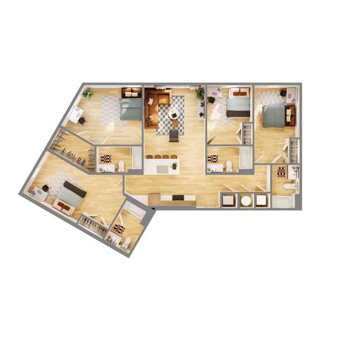 Modern floor plan featuring 3 spacious bedrooms, a large open living area, stylish kitchen with island, and multiple bathrooms, perfect for comfortable living.
