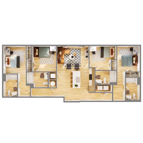 Modern 2D floor plan showcasing 3 spacious bedrooms, open-plan living area, and sleek kitchen with ample island seating.