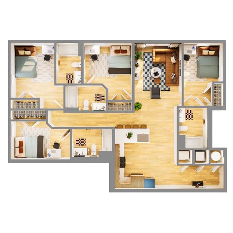Modern 3D floor plan showcasing 3 spacious bedrooms, a cozy living room with stylish decor, and a sleek open-concept kitchen.