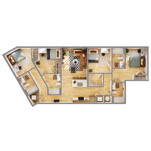 Expansive 3-bedroom apartment floor plan showcasing a modern open living area, sleek kitchen with breakfast bar, and multiple well-appointed bathrooms.