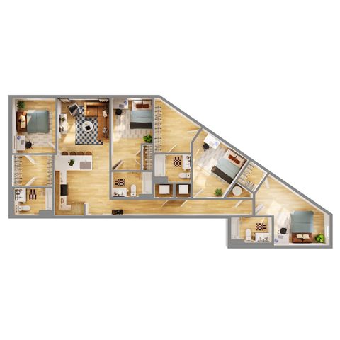 Modern floor plan with three spacious bedrooms, open-plan living and dining area, and a sleek kitchen.