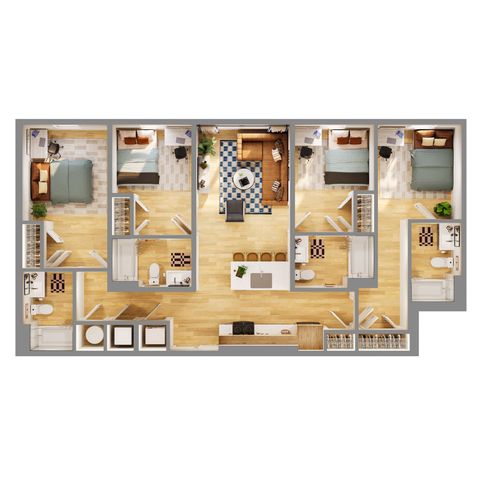 Modern floor plan featuring 3 spacious bedrooms, a cozy living area, sleek kitchen with island, and elegant bathrooms, perfect for stylish living.