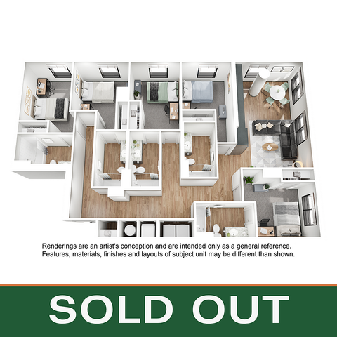 Modern 3D floor plan showcasing a spacious apartment with 4 bedrooms, 2 bathrooms, an open living area, and a stylish kitchen. Sold Out status indicates high demand for this desirable layout.
