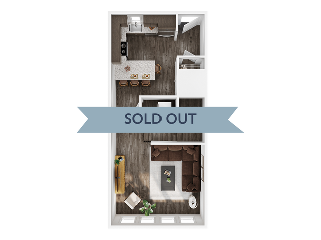 Modern open-concept floor plan featuring a stylish kitchen, cozy living area, and elegant dining space, marked as sold out.