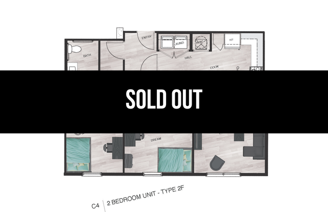 Modern 2 bedroom unit floor plan with efficient layout, featuring cozy bedrooms and a functional kitchen. Now sold out.