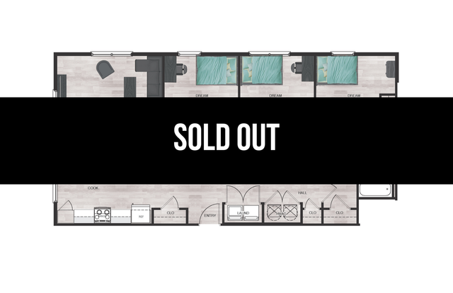 Contemporary floor plan showcasing 2 bedrooms, cozy living area, and a sleek kitchen, highlighted as sold out.