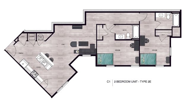 Modern 2-bedroom floor plan, Type 2E, featuring open-concept kitchen and living area, ample closet space, and sleek bathroom design.